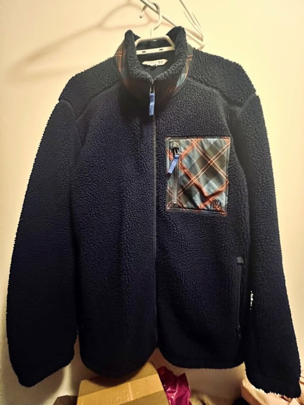 Uniqlo x JW Anderson Men's Sherpa Fleece Zip Up Jacket Navy Size L Plaid Pocket